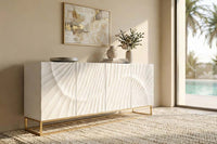 Massives Sideboard SCORPION 180cm weiß Mangoholz gold Metall 3D-Schnitzereien