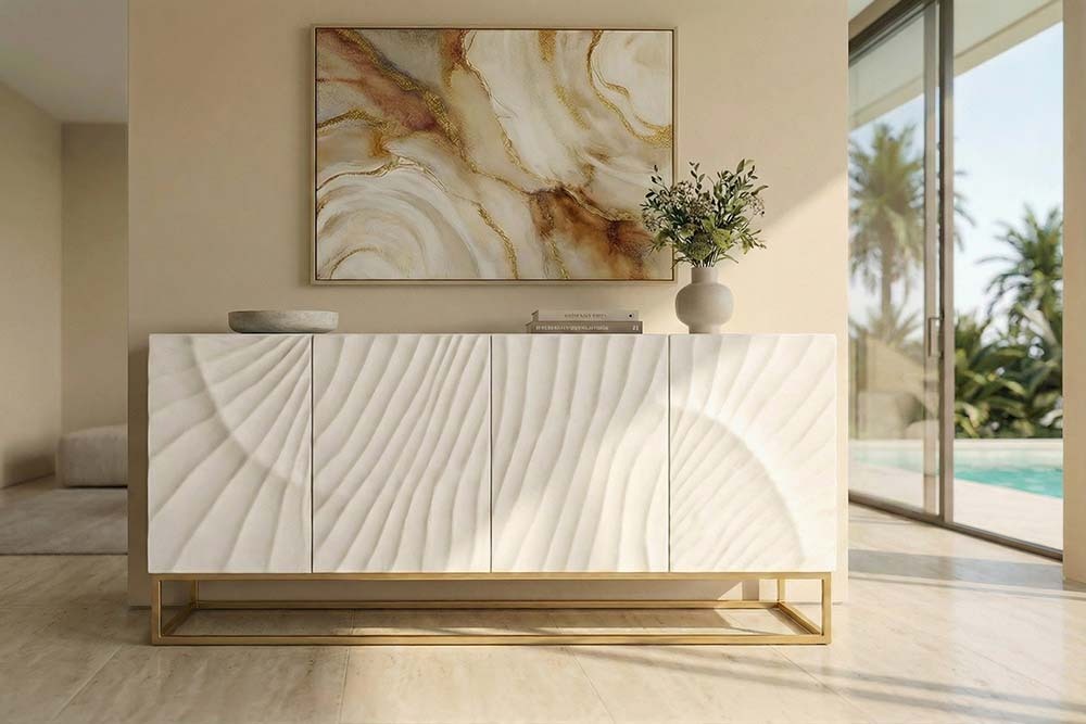 Massives Sideboard SCORPION 180cm weiß Mangoholz gold Metall 3D-Schnitzereien