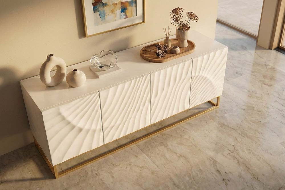 Massives Sideboard SCORPION 180cm weiß Mangoholz gold Metall 3D-Schnitzereien