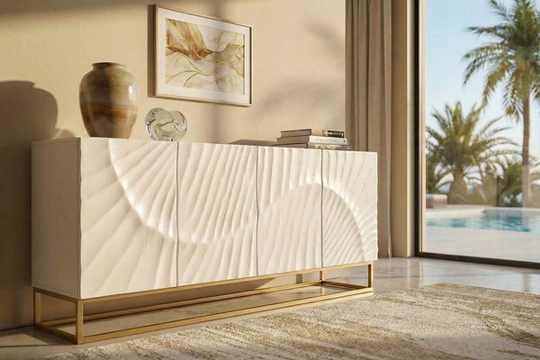 Massives Sideboard SCORPION 180cm weiß Mangoholz gold Metall 3D-Schnitzereien