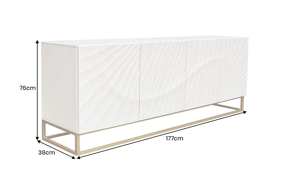 Massives Sideboard SCORPION 180cm weiß Mangoholz gold Metall 3D-Schnitzereien