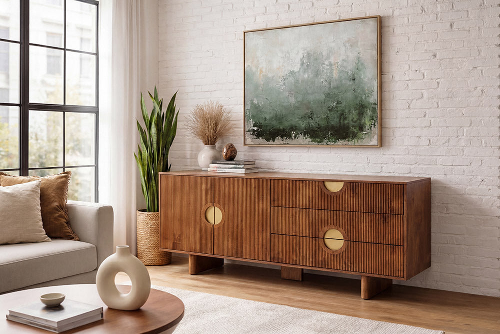 Massives Sideboard MADISON 180cm braun Mangoholz mit Schubladen und strukturierter Front