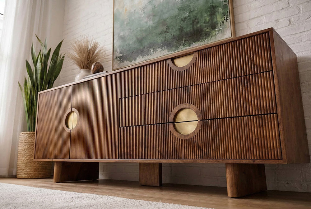 Massives Sideboard MADISON 180cm braun Mangoholz mit Schubladen und strukturierter Front
