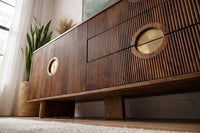 Massives Sideboard MADISON 180cm braun Mangoholz mit Schubladen und strukturierter Front