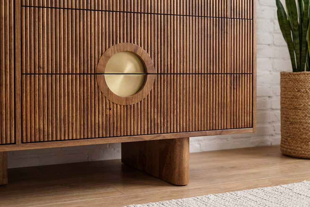 Massives Sideboard MADISON 180cm braun Mangoholz mit Schubladen und strukturierter Front