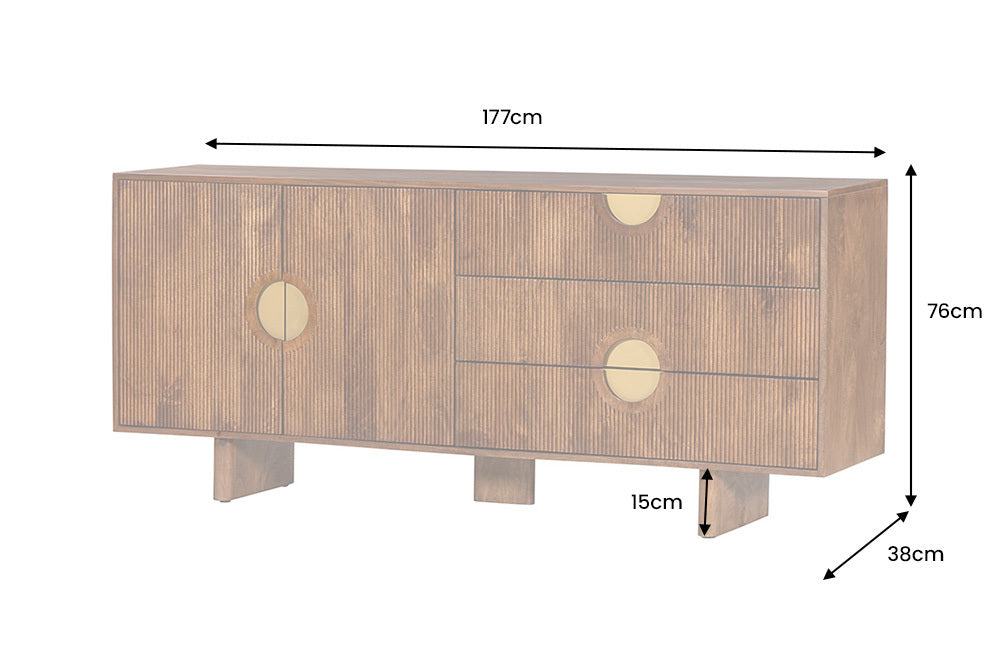 Massives Sideboard MADISON 180cm braun Mangoholz mit Schubladen und strukturierter Front
