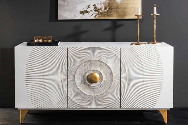 GOLDEN SUNSET Handgearbeitetes Sideboard 140cm weiß mit 3D Schnitzereien gold Mangoholz Metallbeine