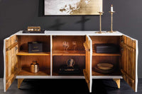 GOLDEN SUNSET Handgearbeitetes Sideboard 140cm weiß mit 3D Schnitzereien gold Mangoholz Metallbeine