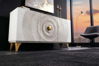 GOLDEN SUNSET Handgearbeitetes Sideboard 140cm weiß mit 3D Schnitzereien gold Mangoholz Metallbeine