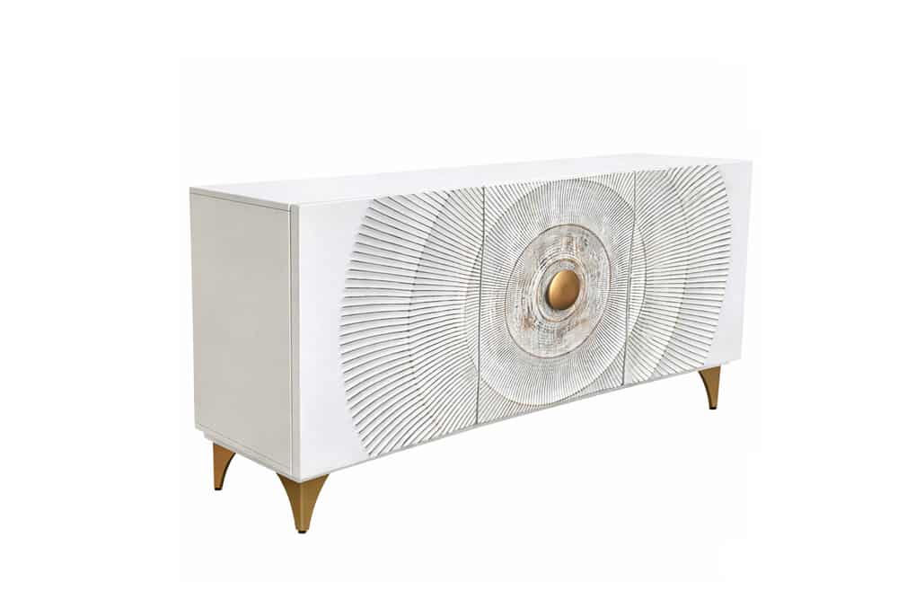 GOLDEN SUNSET Handgearbeitetes Sideboard 140cm weiß mit 3D Schnitzereien gold Mangoholz Metallbeine