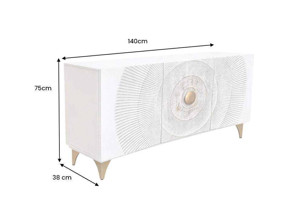 GOLDEN SUNSET Handgearbeitetes Sideboard 140cm weiß mit 3D Schnitzereien gold Mangoholz Metallbeine