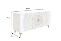GOLDEN SUNSET Handgearbeitetes Sideboard 140cm weiß mit 3D Schnitzereien gold Mangoholz Metallbeine