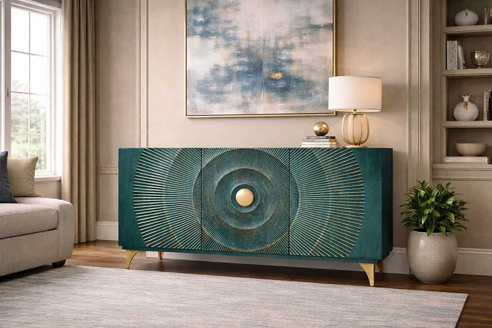 GOLDEN SUNSET Handgearbeitetes Sideboard 140cm türkis mit 3D Schnitzereien gold Mangoholz Metallbeine