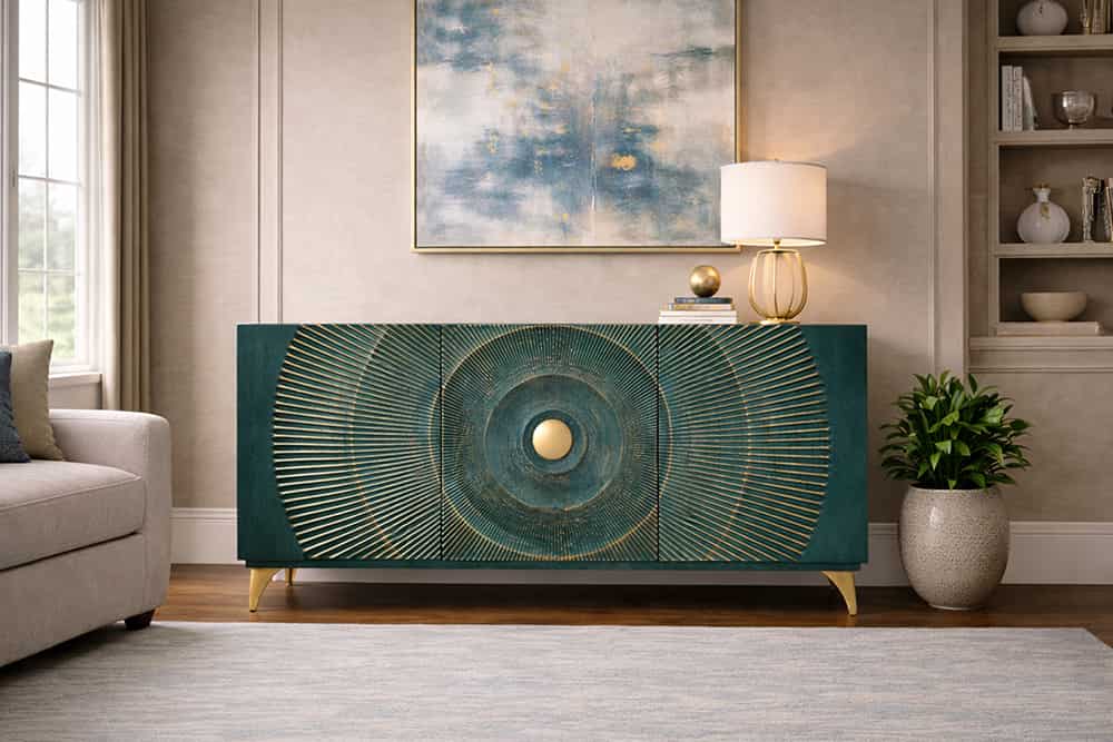 GOLDEN SUNSET Handgearbeitetes Sideboard 140cm türkis mit 3D Schnitzereien gold Mangoholz Metallbeine