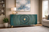 GOLDEN SUNSET Handgearbeitetes Sideboard 140cm türkis mit 3D Schnitzereien gold Mangoholz Metallbeine