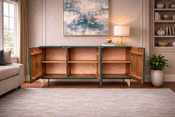 GOLDEN SUNSET Handgearbeitetes Sideboard 140cm türkis mit 3D Schnitzereien gold Mangoholz Metallbeine