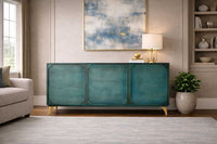 GOLDEN SUNSET Handgearbeitetes Sideboard 140cm türkis mit 3D Schnitzereien gold Mangoholz Metallbeine