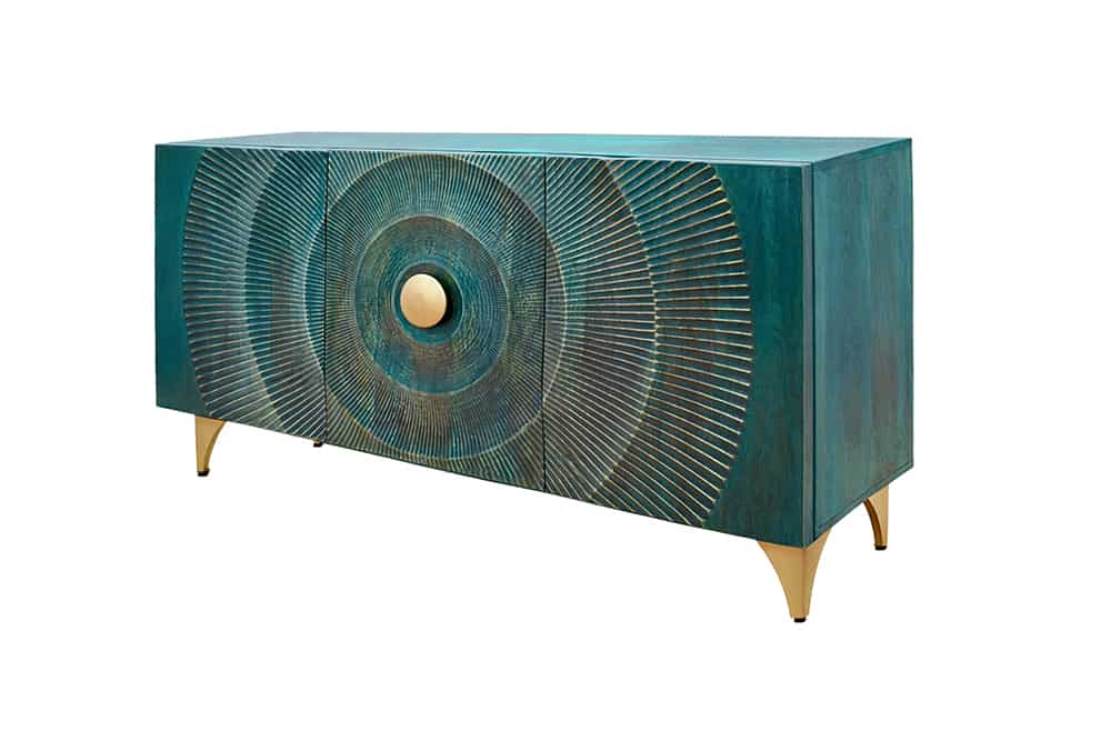 GOLDEN SUNSET Handgearbeitetes Sideboard 140cm türkis mit 3D Schnitzereien gold Mangoholz Metallbeine