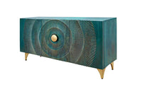GOLDEN SUNSET Handgearbeitetes Sideboard 140cm türkis mit 3D Schnitzereien gold Mangoholz Metallbeine