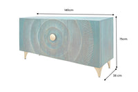 GOLDEN SUNSET Handgearbeitetes Sideboard 140cm türkis mit 3D Schnitzereien gold Mangoholz Metallbeine