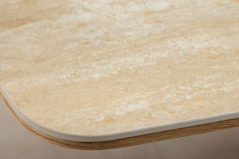Design Esstisch UNIQUE 200cm natur braun Travertin Keramik Eichenholz Säulenfuß