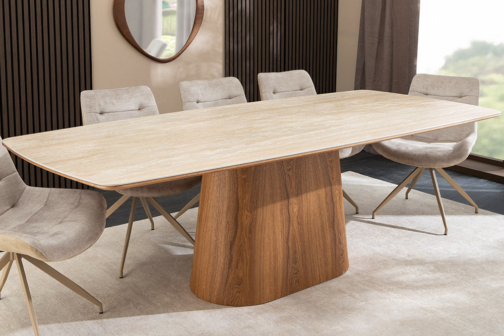 Design Esstisch UNIQUE 200cm natur braun Travertin Keramik Eichenholz Säulenfuß