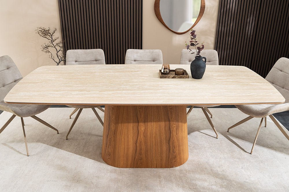Design Esstisch UNIQUE 200cm natur braun Travertin Keramik Eichenholz Säulenfuß