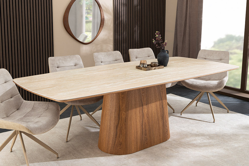 Design Esstisch UNIQUE 200cm natur braun Travertin Keramik Eichenholz Säulenfuß