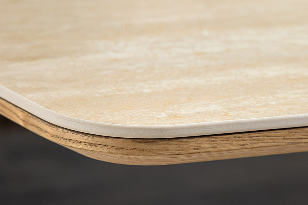 Design Esstisch UNIQUE 200cm natur braun Travertin Keramik Eichenholz Säulenfuß