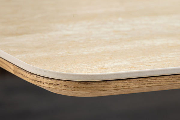 Design Esstisch UNIQUE 200cm natur braun Travertin Keramik Eichenholz Säulenfuß