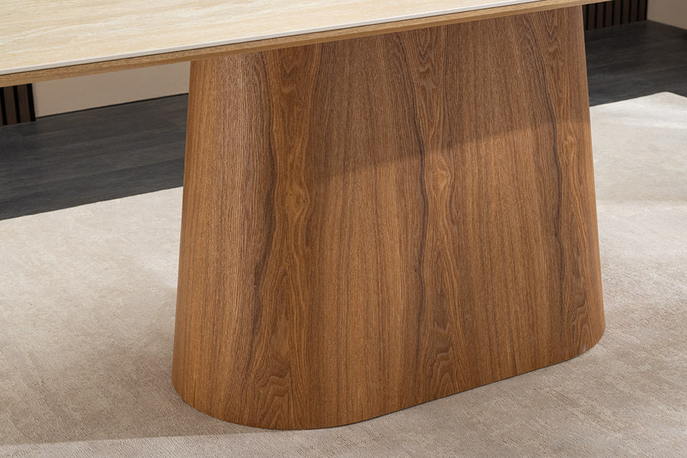 Design Esstisch UNIQUE 200cm natur braun Travertin Keramik Eichenholz Säulenfuß