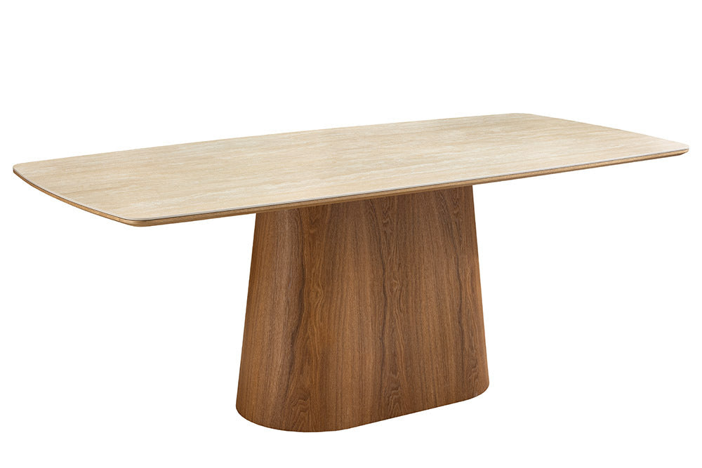 Design Esstisch UNIQUE 200cm natur braun Travertin Keramik Eichenholz Säulenfuß