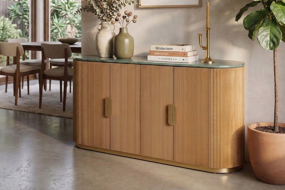 Design Sideboard VENEZIANO 170cm messing Mangoholz grün Marmor gold