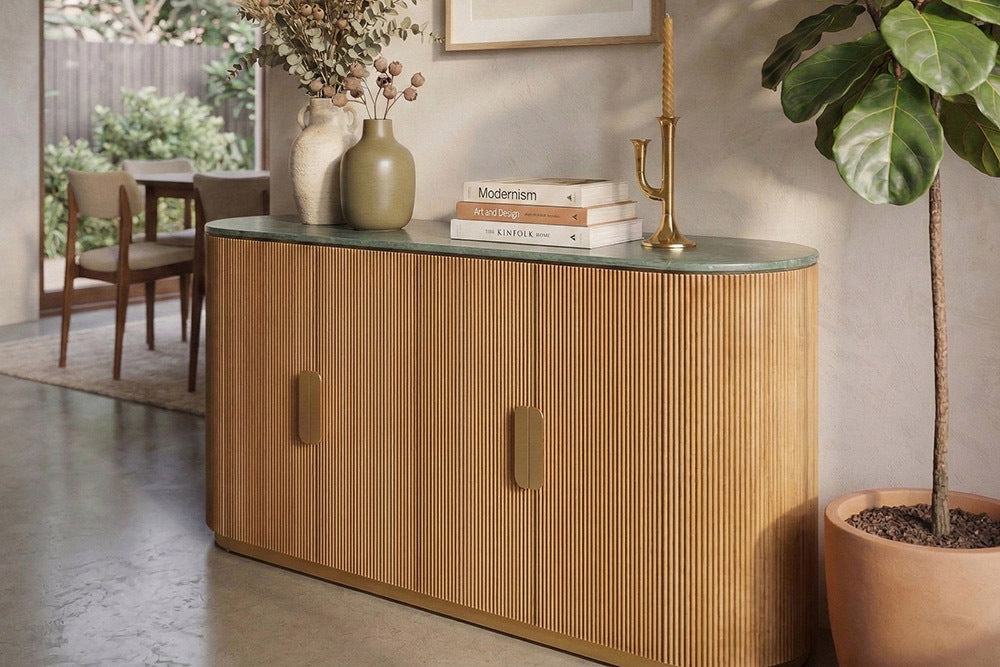 Design Sideboard VENEZIANO 170cm messing Mangoholz grün Marmor gold