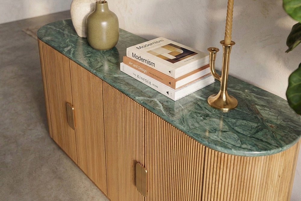 Design Sideboard VENEZIANO 170cm messing Mangoholz grün Marmor gold