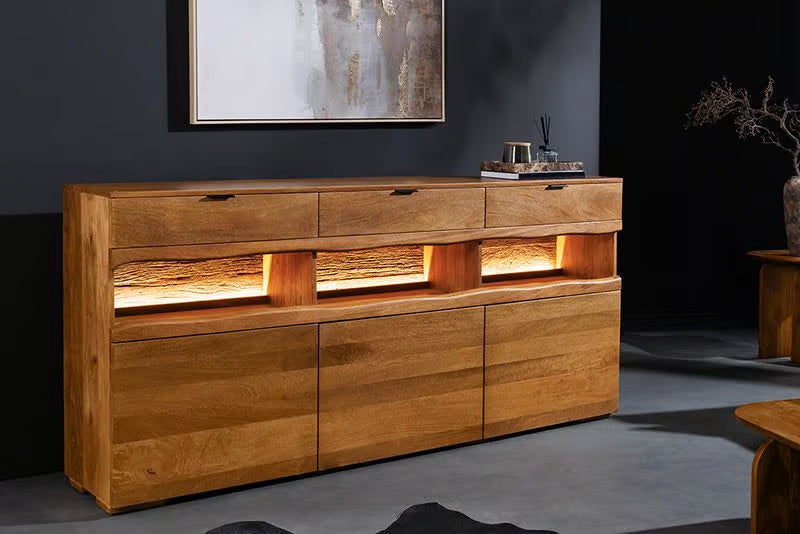 Massives Sideboard GRAND 180cm braun Mangoholz mit LED-Beleuchtung Schubladen