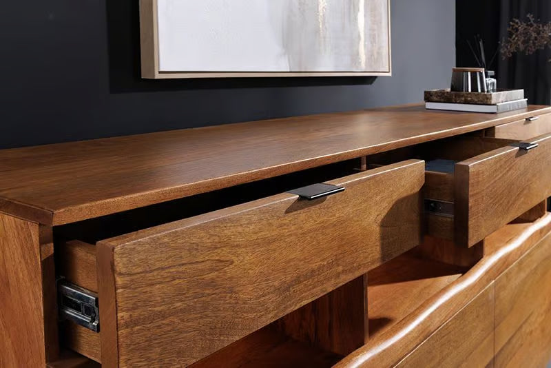 Massives Sideboard GRAND 180cm braun Mangoholz mit LED-Beleuchtung Schubladen
