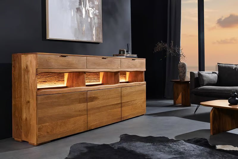 Massives Sideboard GRAND 180cm braun Mangoholz mit LED-Beleuchtung Schubladen
