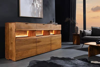 Massives Sideboard GRAND 180cm braun Mangoholz mit LED-Beleuchtung Schubladen