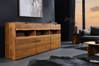 Massives Sideboard GRAND 180cm braun Mangoholz mit LED-Beleuchtung Schubladen