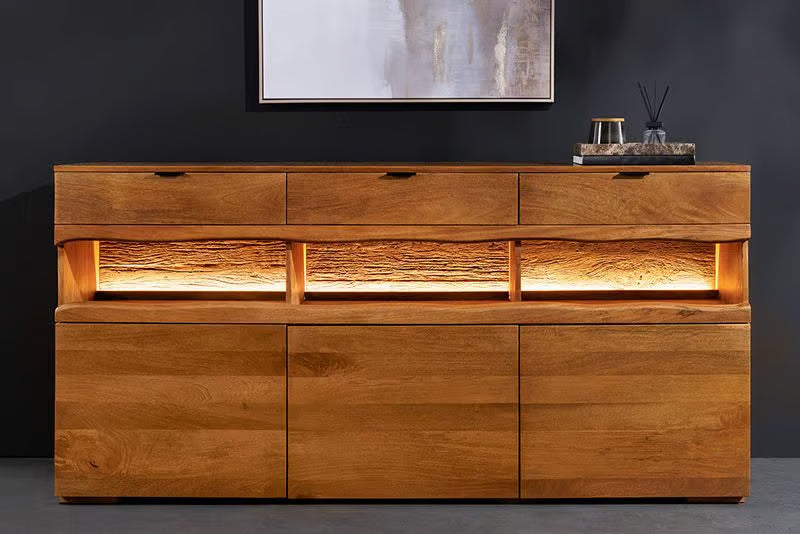 Massives Sideboard GRAND 180cm braun Mangoholz mit LED-Beleuchtung Schubladen