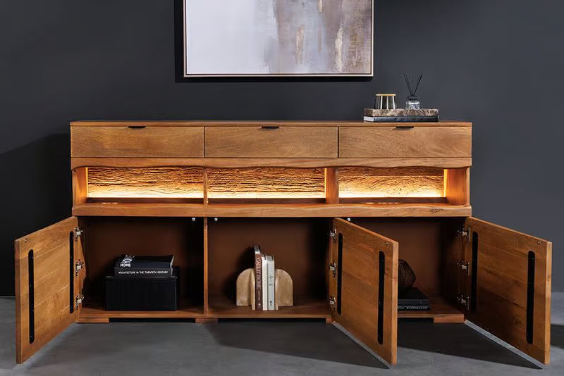 Massives Sideboard GRAND 180cm braun Mangoholz mit LED-Beleuchtung Schubladen