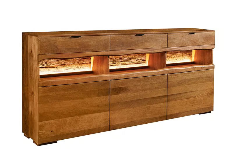 Massives Sideboard GRAND 180cm braun Mangoholz mit LED-Beleuchtung Schubladen