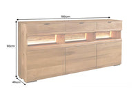 Massives Sideboard GRAND 180cm braun Mangoholz mit LED-Beleuchtung Schubladen