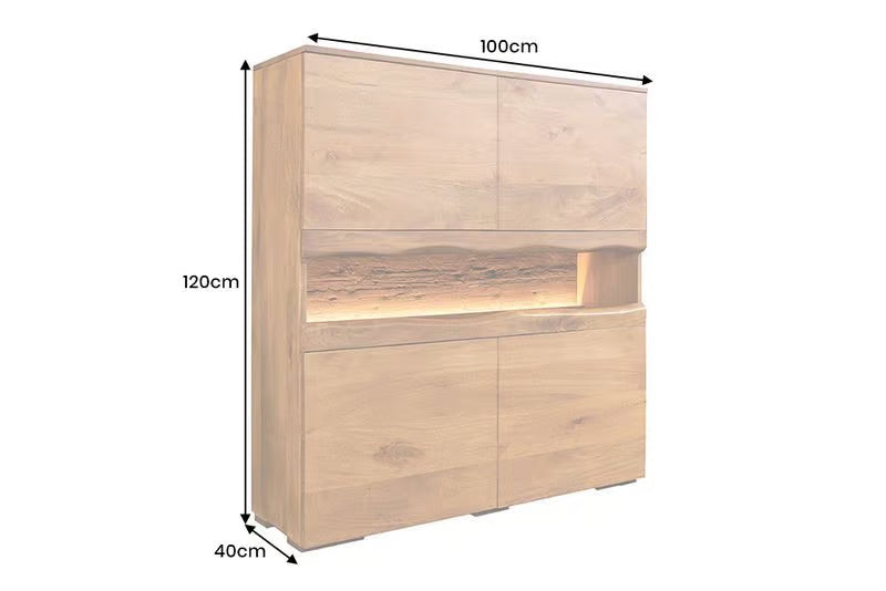 Massives Highboard GRAND 120cm braun Mangoholz mit LED-Beleuchtung