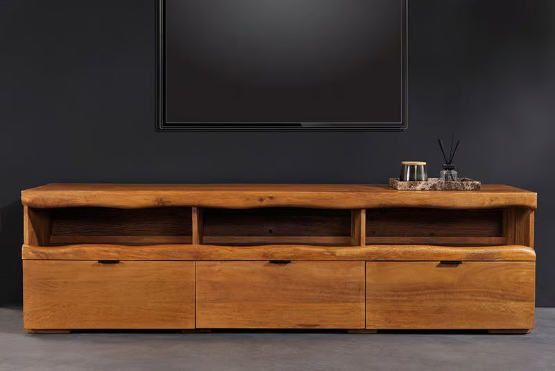 Massives TV-Board GRAND 180cm braun Mangoholz LED-Beleuchtung Lowboard Schubladen