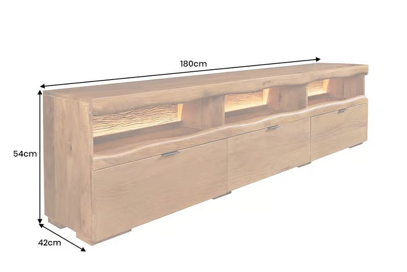 Massives TV-Board GRAND 180cm braun Mangoholz LED-Beleuchtung Lowboard Schubladen
