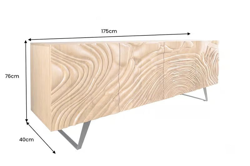 Massives Sideboard FLUID 175 cm – Mangoholz Natur oder Dunkelbraun mit 3D-Design und Metall-Kufengestell