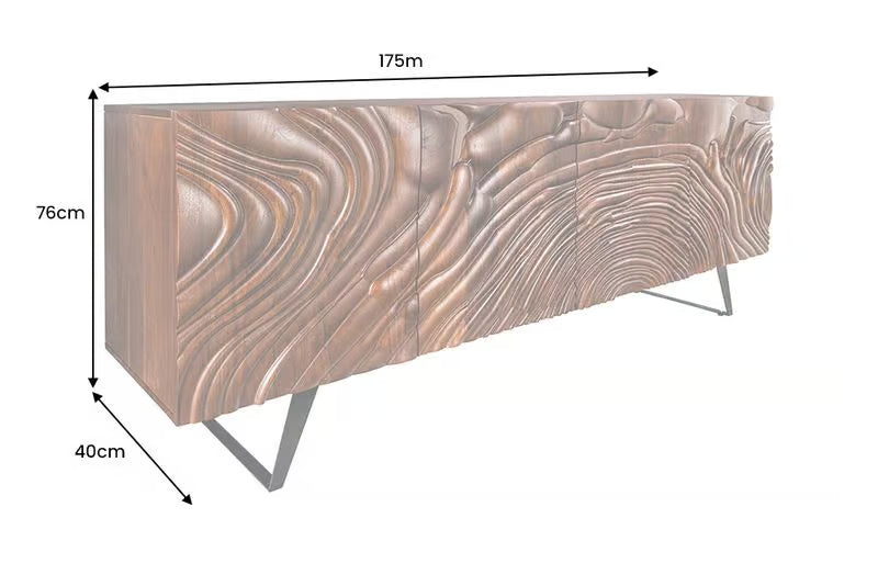 Massives Sideboard FLUID 175 cm – Mangoholz Natur oder Dunkelbraun mit 3D-Design und Metall-Kufengestell