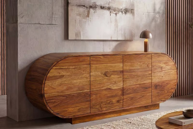 Massives Sideboard ORGANIKO 180cm braun Sheeshamholz stone finish oval